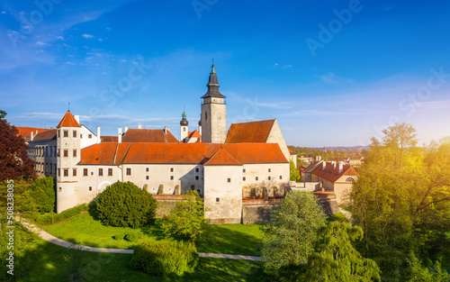 Aerial landscape of small Czech town of Telc with famous Main Square  UNESCO World Heritage Site . Aerial panorama of old town Telc  Southern Moravia  Czechia. Historic centre of Telc  Czech Republic.
