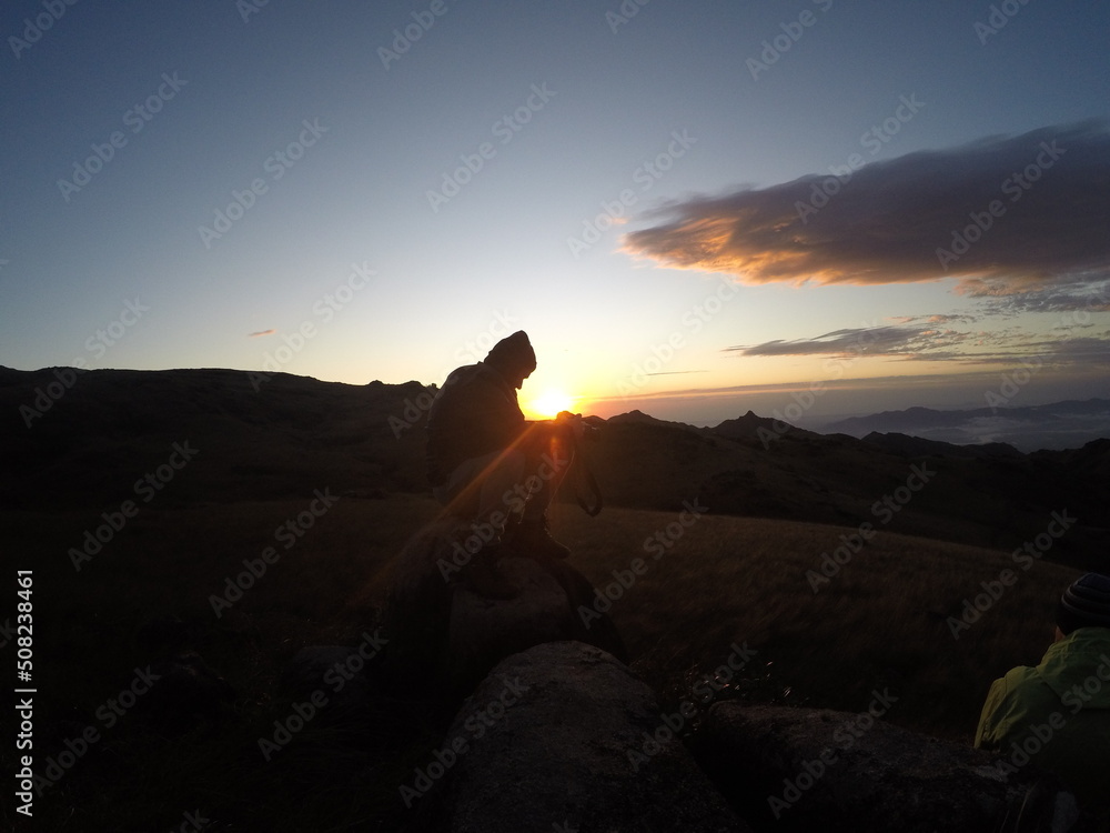 Trekking at Quiriri's Fields. Cold sunny morning, winter. Adjusting to take the sun.