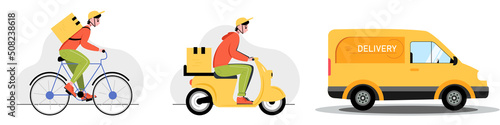 Fast delivery of goods or food. Set of vector illustrations.