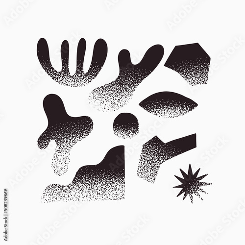 Collection of abstract graphic shapes with noisy gradient effect. Dark shapes and objects. Elements of minimalism in style of modern art. Vector illustration for your design in flat style.