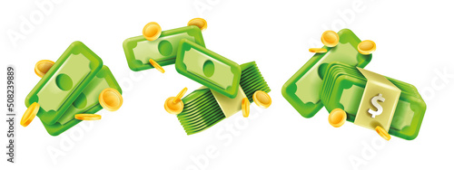 3D money icon, vector dollar cash bill illustration, flying golden coins, financial cartoon banknote clipart. Online payment cashback concept green American currency bank paper. Isolated 3D money sign