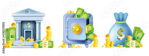 3D bank money vector concept, business finance icon set, dollar coin stack, money bag, building, bill. Open safe vault door, investment economy web clipart kit, saving deposit. 3D bank currency wallet