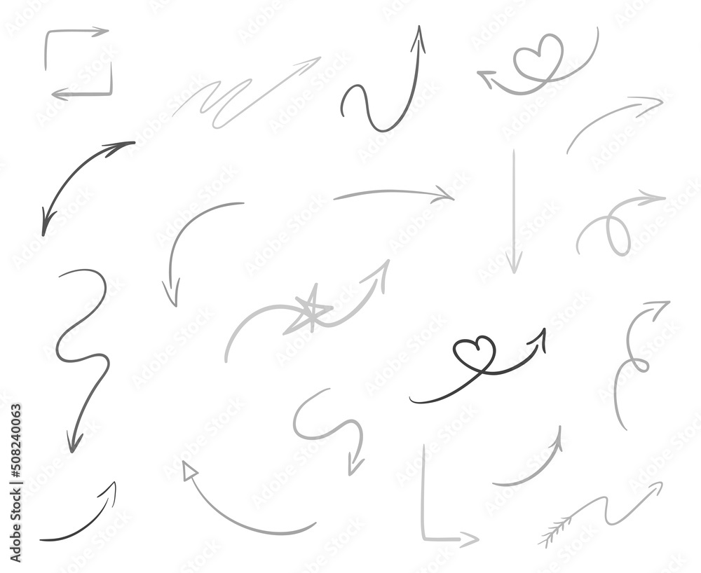 Hand drawn tangled abstract arrows on isolated white background. Line art. Set of different pointers. Black and white illustration. Doodles for artwork Hand drawn tangled abstract arrows on isolated white background. Line art. Set of different pointers. Black and white illustration. Doodles for artwork