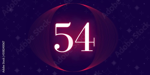 Number 54. Banner with the number fifty four on a blue background and blue and purple details with a circle purple in the middle photo
