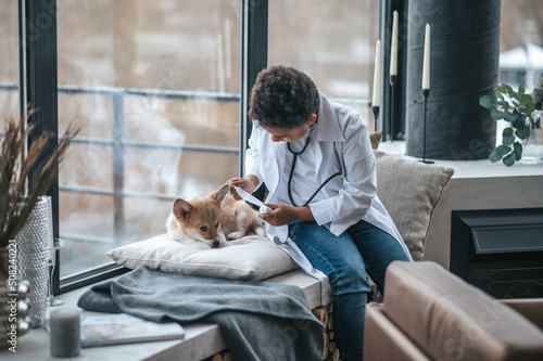 A boy in a white coat holding stethoscope and examining an ill dog