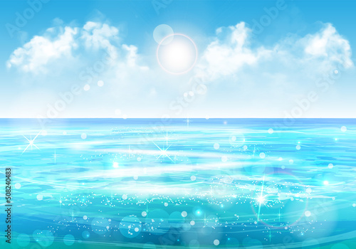 Vector summer ocean background with blue sky with sun, clouds and shiny way on water. Blurred effect bokeh and glitter. Sea horizon view for travel poster, party invitation, resort and hotel website