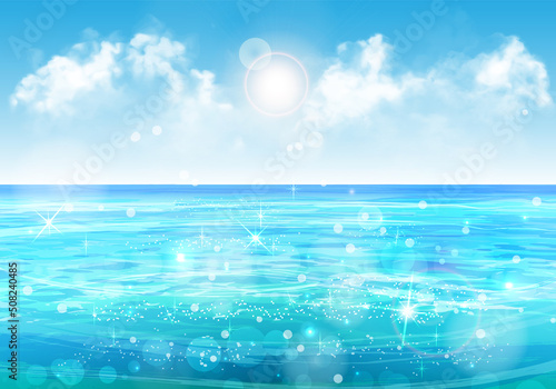 Vector summer ocean background with blue sky with clouds and sunshine. Blurred effect bokeh and sparkles. Sea horizon view in sun rays. For travel poster, party invitation, resort and hotel website