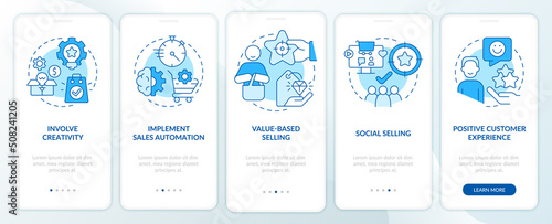 Selling tendencies blue onboarding mobile app screen. Innovations walkthrough 5 steps editable graphic instructions with linear concepts. UI, UX, GUI template. Myriad Pro-Bold, Regular fonts used
