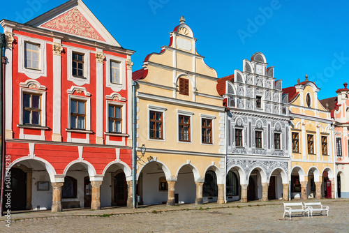 Czech town of Telc with famous Main Square (UNESCO World Heritage Site). Facade of houses on town of Telc, Southern Moravia, Czechia. Historic centre of Telc, Czech Republic.