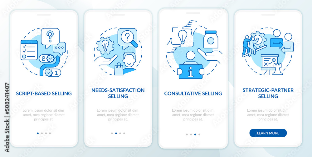 Selling strategies blue onboarding mobile app screen. Marketing walkthrough 4 steps editable graphic instructions with linear concepts. UI, UX, GUI template. Myriad Pro-Bold, Regular fonts used