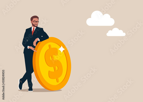 Businessman behind the big coin, Vector render character illustration.