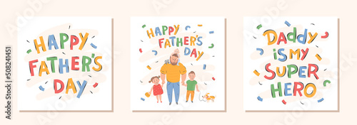 Set of Father s Day greeting holiday cards. Happy father with kids  cat  dog. Vector illustration