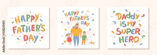 Set of Father's Day greeting holiday cards. Happy father with kids, cat, dog. Vector illustration