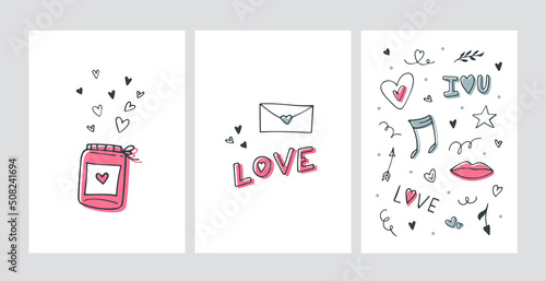 Set of cards for Valentine's Day. Love symbols in doodle style