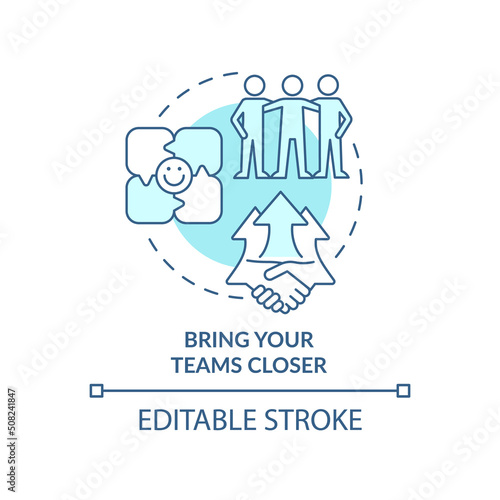 Bring teams closer turquoise concept icon. Diverse sales development team abstract idea thin line illustration. Isolated outline drawing. Editable stroke. Arial, Myriad Pro-Bold fonts used