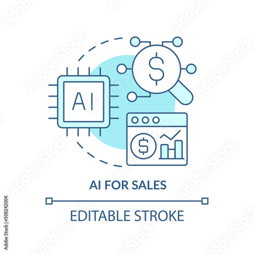 AI for sales turquoise concept icon. Selling trend abstract idea thin line illustration. Machine learning. Boost revenue. Isolated outline drawing. Editable stroke. Arial, Myriad Pro-Bold fonts used