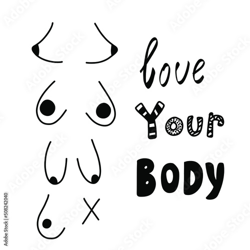 Breast cancer. Breast doodle. Bodypositive. Love your body.  Hand drawn female breasts in different underwear. Stock black and white vector illustration.