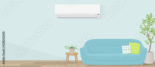 Vector illustration of ductless mini-split air conditioner in living room with copy space.