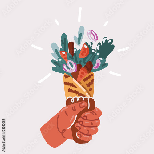 Vector illustration of hand holding delicious chicken shawarma