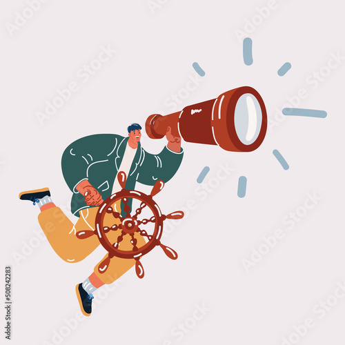 Vector illustration of man flying with Steering wheel looking throung spyglass photo