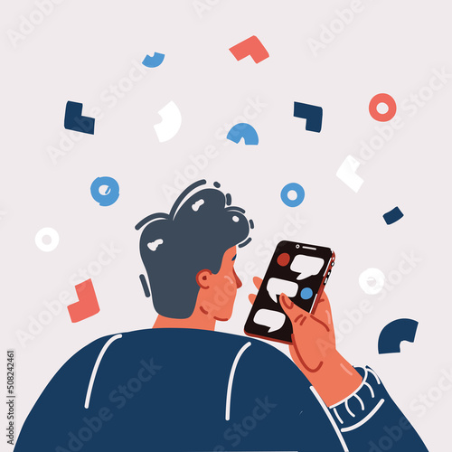 Vector illustration of man look at phone screen. Backside view of person.