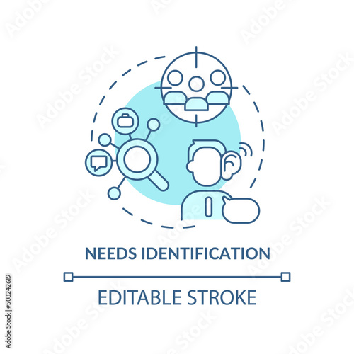 Needs identification turquoise concept icon. Sales process abstract idea thin line illustration. Customer wants analysis. Isolated outline drawing. Editable stroke. Arial, Myriad Pro-Bold fonts used