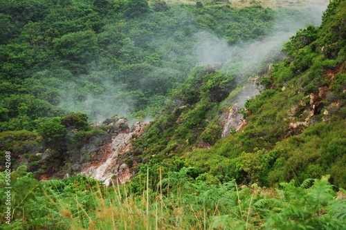 Volcanic crater with sulfur vapors and contrasting flora around
