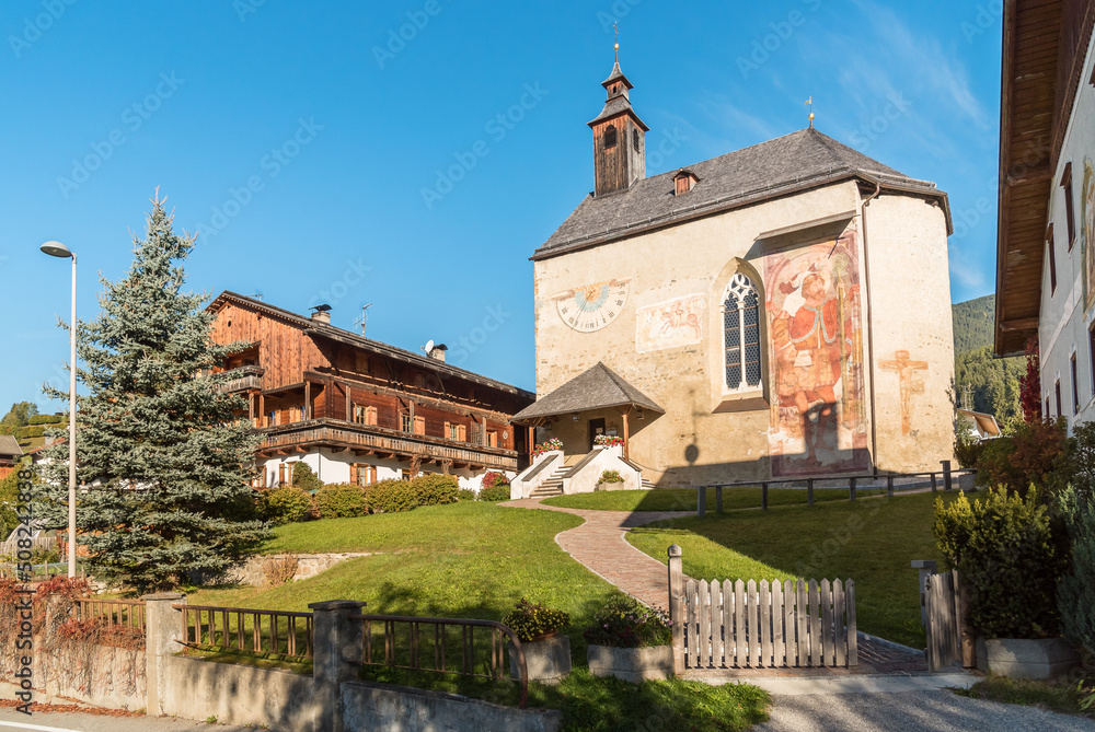 View of the ancient church of Saint Giorgio in Monguelfo-Tesido, province of Bolzano, South Tyrol, Italy