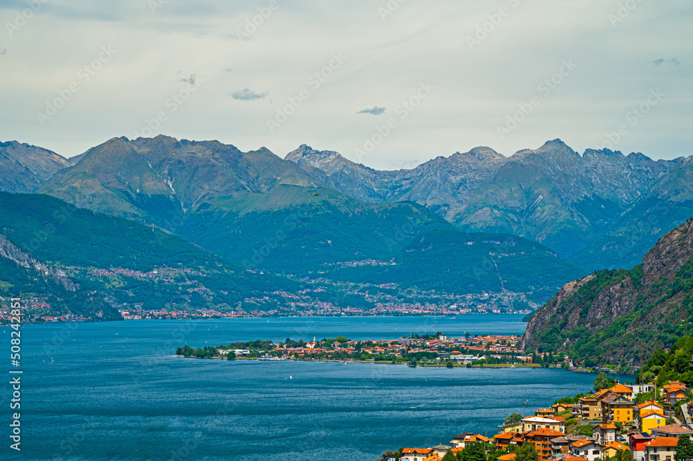 Panorama of Lake Como, with Dervio and the northern part of Lake Como.