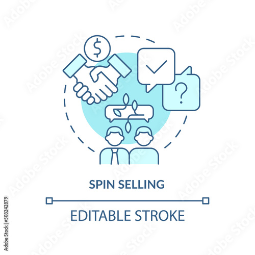 SPIN selling turquoise concept icon. Sales technique abstract idea thin line illustration. Enhance customer conversations. Isolated outline drawing. Editable stroke. Arial, Myriad Pro-Bold fonts used