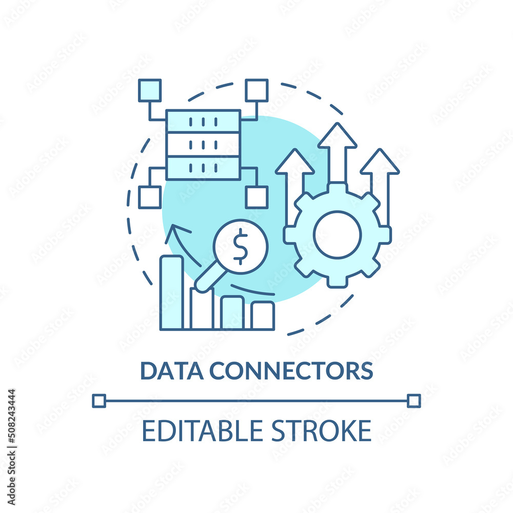 Data connectors turquoise concept icon. Sales tool abstract idea thin line illustration. Isolated outline drawing. Establish connection to database. Editable stroke. Arial, Myriad Pro-Bold fonts used Data connectors turquoise concept icon. Sales tool abstract idea thin line illustration. Isolated outline drawing. Establish connection to database. Editable stroke. Arial, Myriad Pro-Bold fonts used