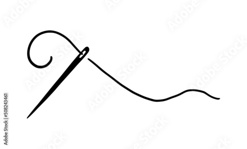 Tailor needle with thread. Hand drawn doodle sketch style sewing needle element. Craft, embroidery tool for textile, sewing shop design. Vector illustration.
