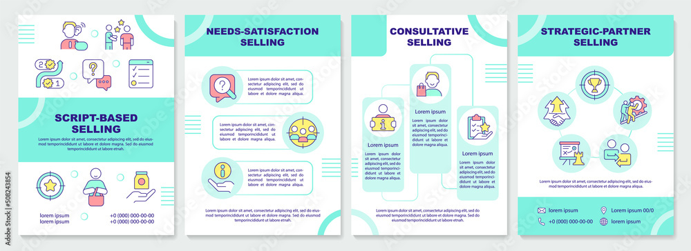 Selling strategies mint brochure template. Trends in marketing. Leaflet design with linear icons. Editable 4 vector layouts for presentation, annual reports. Arial-Black, Myriad Pro-Regular fonts used