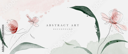 Abstract art background vector. Minimal style wallpaper with line art, flowers, foliage, and botanical leaves, watercolor. Blossom vector background for banner, poster, web and packaging.