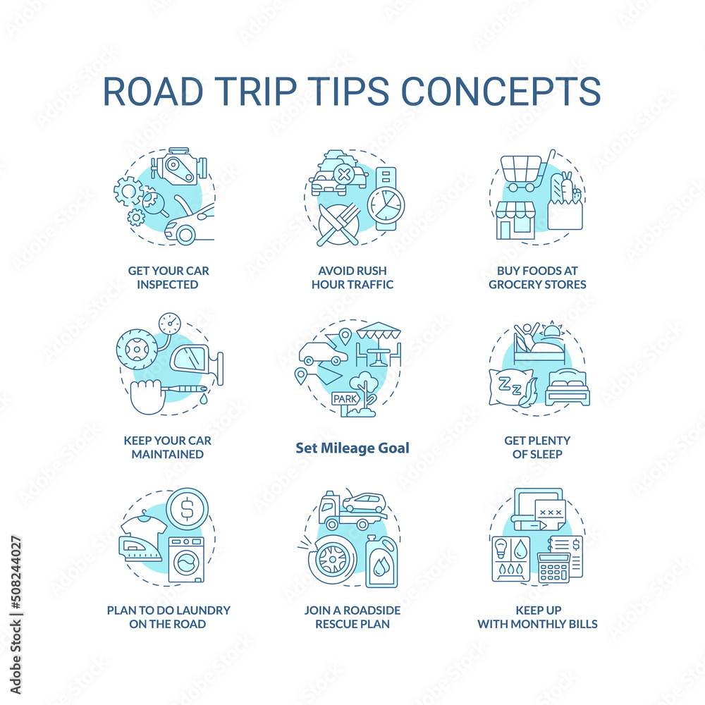 Road trip tips turquoise concept icons set. Planning car adventure recommendations idea thin line color illustrations. Isolated symbols. Editable stroke. Roboto-Medium, Myriad Pro-Bold fonts used