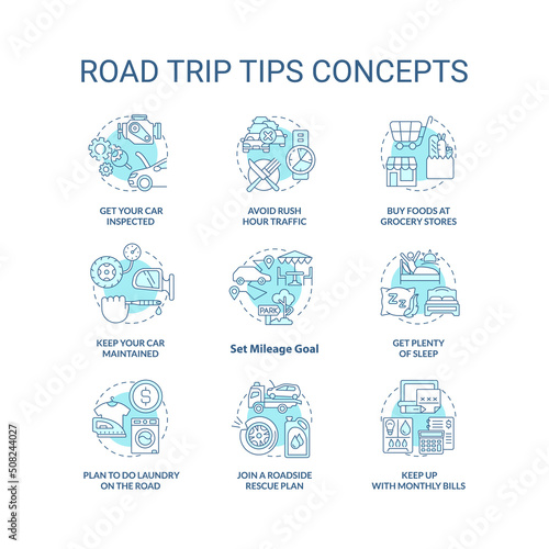 Road trip tips turquoise concept icons set. Planning car adventure recommendations idea thin line color illustrations. Isolated symbols. Editable stroke. Roboto-Medium  Myriad Pro-Bold fonts used