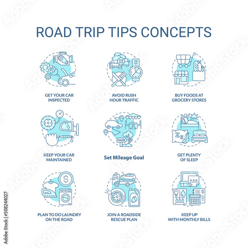 Road trip tips turquoise concept icons set. Planning car adventure recommendations idea thin line color illustrations. Isolated symbols. Editable stroke. Roboto-Medium, Myriad Pro-Bold fonts used