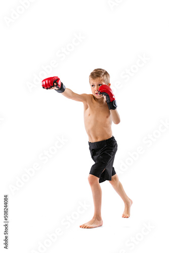 Punching. Little boy, kid in sports shots and gloves practicing thai boxing on white studio background. Sport, education, action, motion concept.