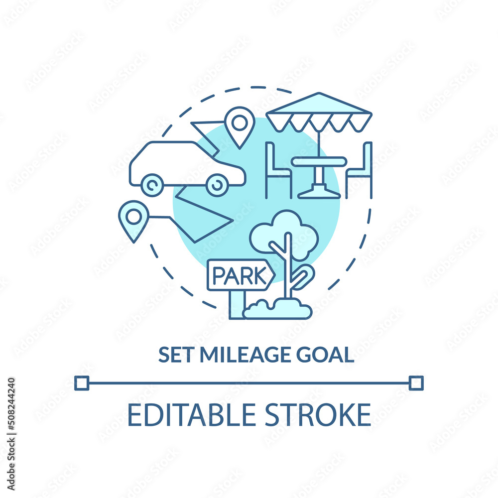 Set mileage goal turquoise concept icon. Do regular stops. Road trip recommendation abstract idea thin line illustration. Isolated outline drawing. Editable stroke. Arial, Myriad Pro-Bold fonts used Set mileage goal turquoise concept icon. Do regular stops. Road trip recommendation abstract idea thin line illustration. Isolated outline drawing. Editable stroke. Arial, Myriad Pro-Bold fonts used