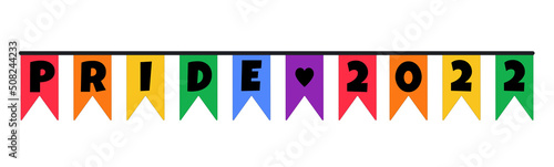 Cute festive flags bunting in color of LGBT flag with word Pride 2022. Cute Vector clip art design element decoration isolated for Pride Month 2022 celebration