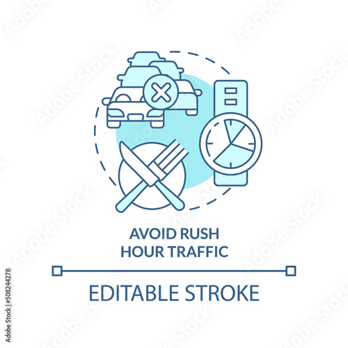 Avoid rush hour traffic turquoise concept icon. Waste time. Road trip recommendation abstract idea thin line illustration. Isolated outline drawing. Editable stroke. Arial, Myriad Pro-Bold fonts used
