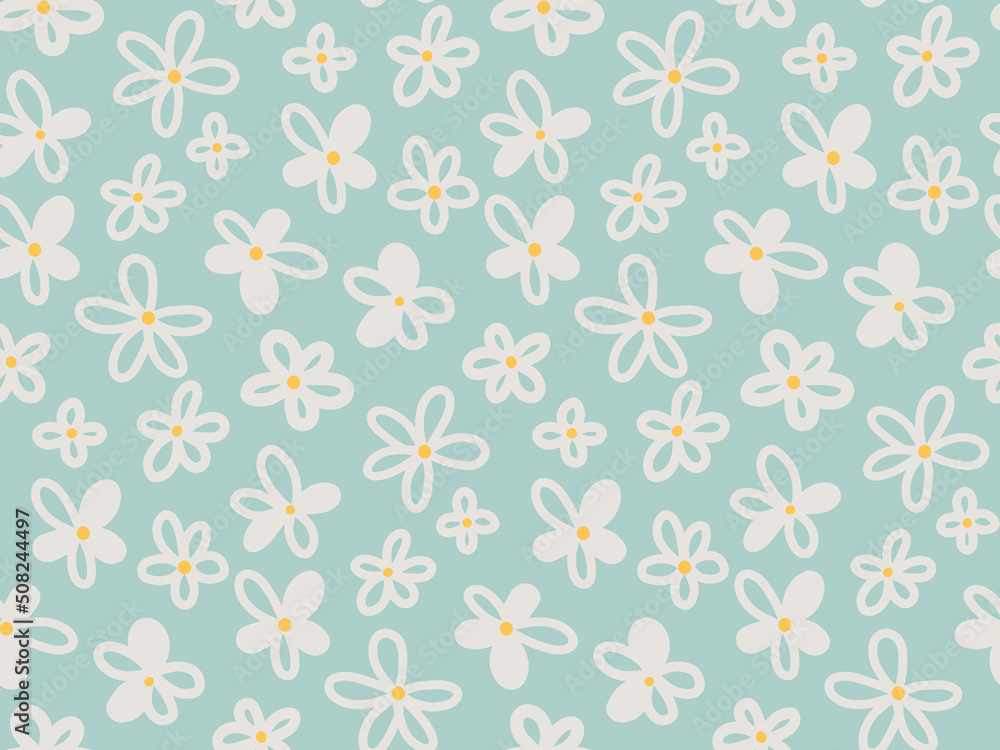 Cute flowery seamless pattern with camomile, daisy flower on light green background. Sweet romantic simple floral vector backdrop, wallpaper.
