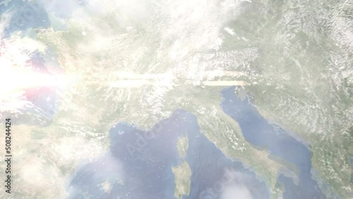 Earth zoom in from outer space to city. Zooming on Alessandria, Italy. The animation continues by zoom out through clouds and atmosphere into space. Images from NASA
