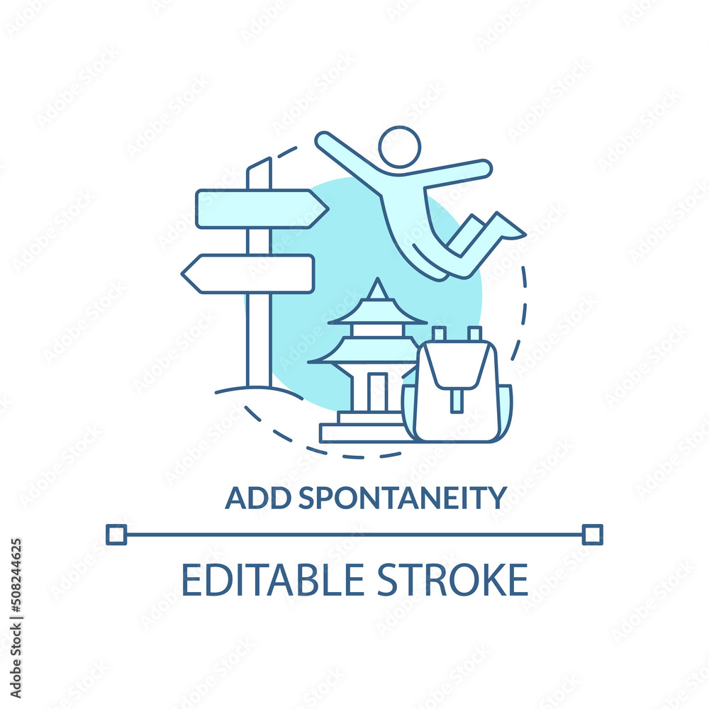 Add spontaneity turquoise concept icon. Unexpected and unplanned changes. Road trip abstract idea thin line illustration. Isolated outline drawing. Editable stroke. Arial, Myriad Pro-Bold fonts used Add spontaneity turquoise concept icon. Unexpected and unplanned changes. Road trip abstract idea thin line illustration. Isolated outline drawing. Editable stroke. Arial, Myriad Pro-Bold fonts used
