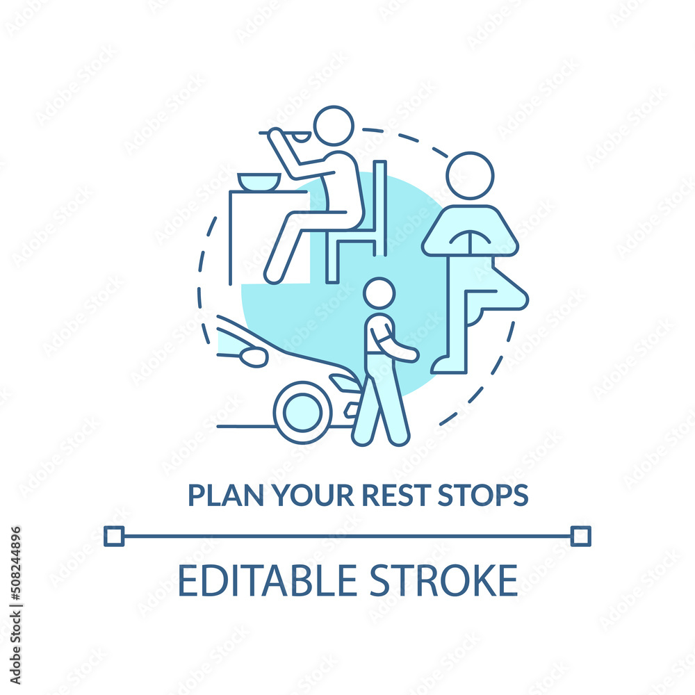 Plan your rest stops turquoise concept icon. Take a break from driving. Road trip tip abstract idea thin line illustration. Isolated outline drawing. Editable stroke. Arial, Myriad Pro-Bold fonts used