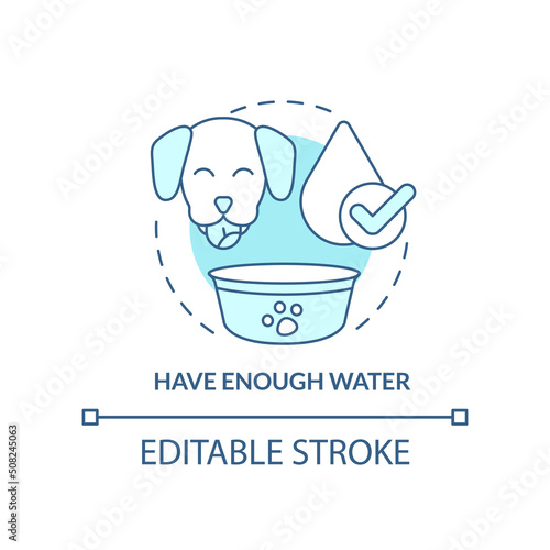 Have enough water turquoise concept icon. Water bowl for dog. Roadtrip with pets abstract idea thin line illustration. Isolated outline drawing. Editable stroke. Arial, Myriad Pro-Bold fonts used