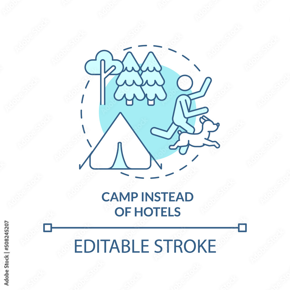 Camp instead of hotels turquoise concept icon. Campground. Road trip with pets advice abstract idea thin line illustration. Isolated outline drawing. Editable stroke. Arial, Myriad Pro-Bold fonts used Camp instead of hotels turquoise concept icon. Campground. Road trip with pets advice abstract idea thin line illustration. Isolated outline drawing. Editable stroke. Arial, Myriad Pro-Bold fonts used