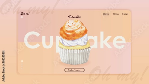Watercolor of sweet vanilla cupcake website template vector design