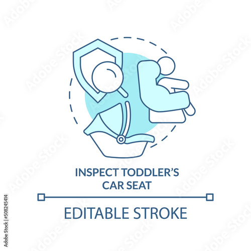 Inspect toddler car seat turquoise concept icon. Trip with toddlers recommendation abstract idea thin line illustration. Isolated outline drawing. Editable stroke. Arial, Myriad Pro-Bold fonts used