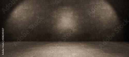 czarno-biały pokój, betonowa ściana i podłoga, ściana z podłogą, pusta scena z reflektorami na wystawę, pusta scena z reflektorami, pokój ze ścianą
